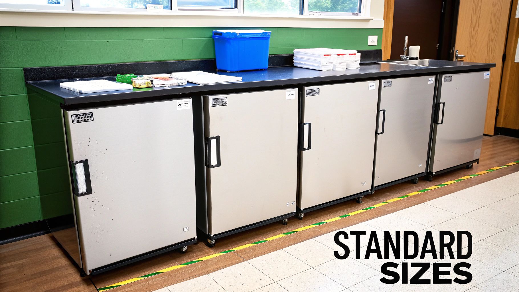 A row of five under-counter stainless steel refrigerators with a dark countertop and sink in a commercial space.