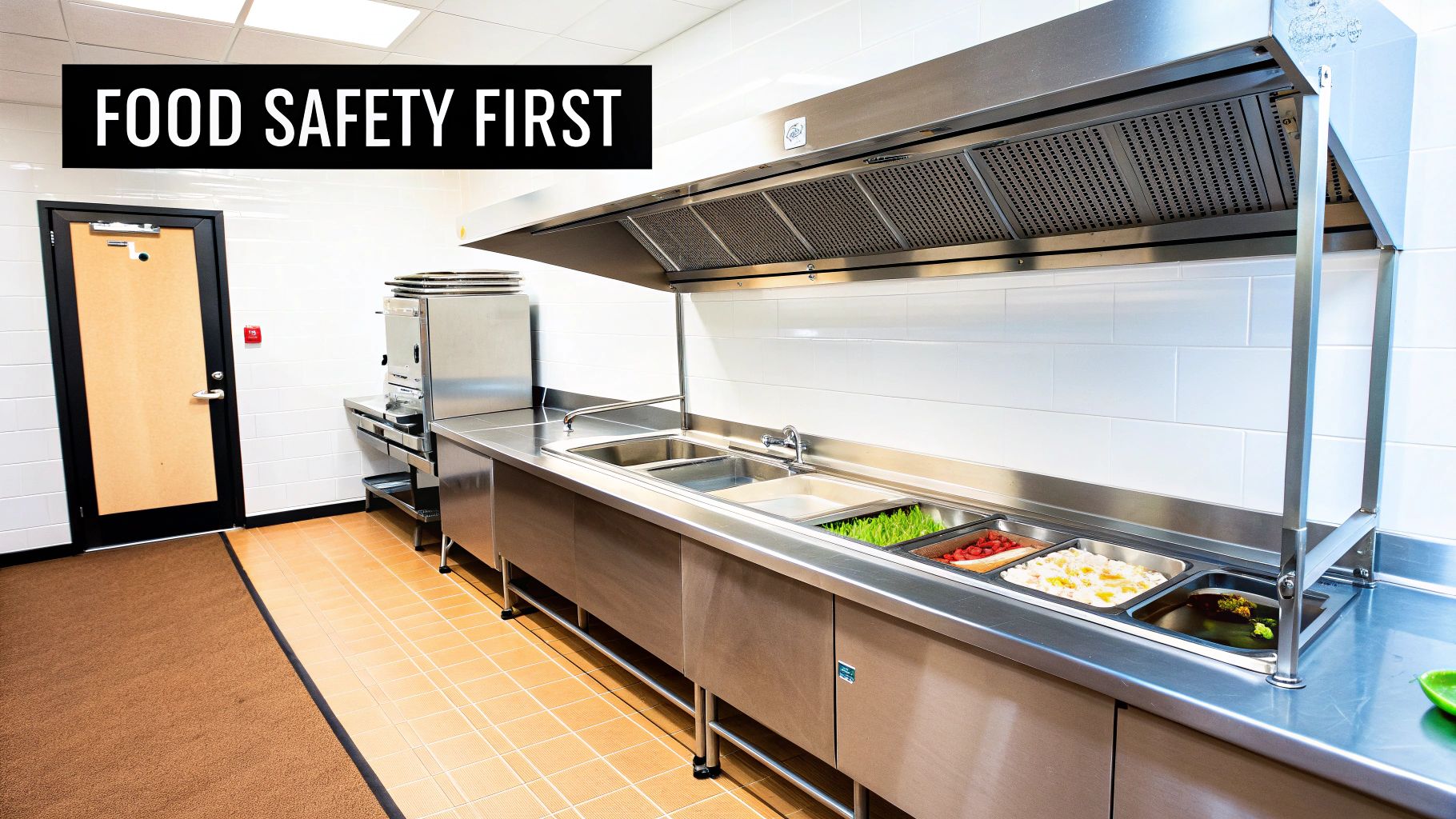 Modern restaurant kitchen prep area with food safety equipment and fresh ingredients.
