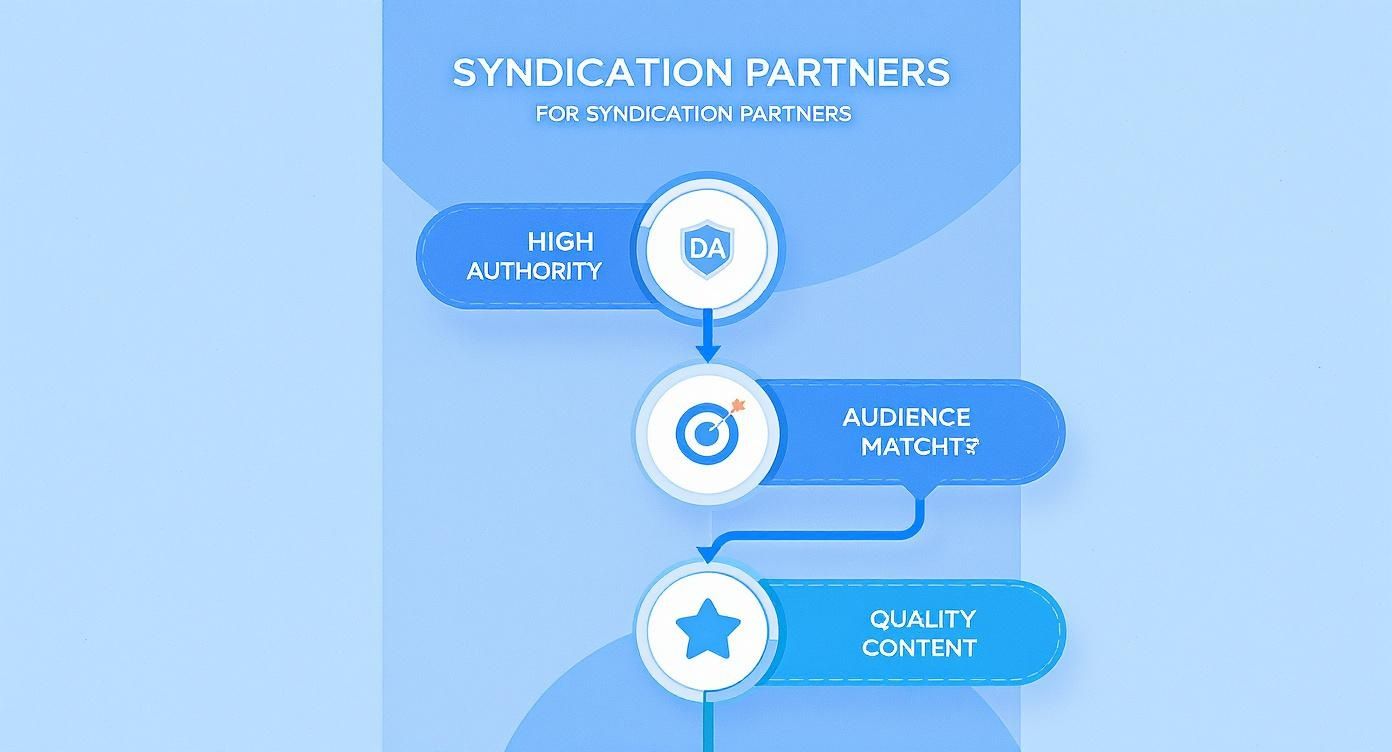 Flowchart outlining key considerations for syndication partners: high authority, audience match, and quality content.