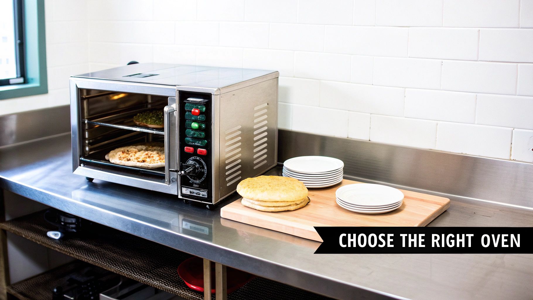 A commercial convection oven cooking pizzas on a stainless steel countertop with flatbreads and plates.