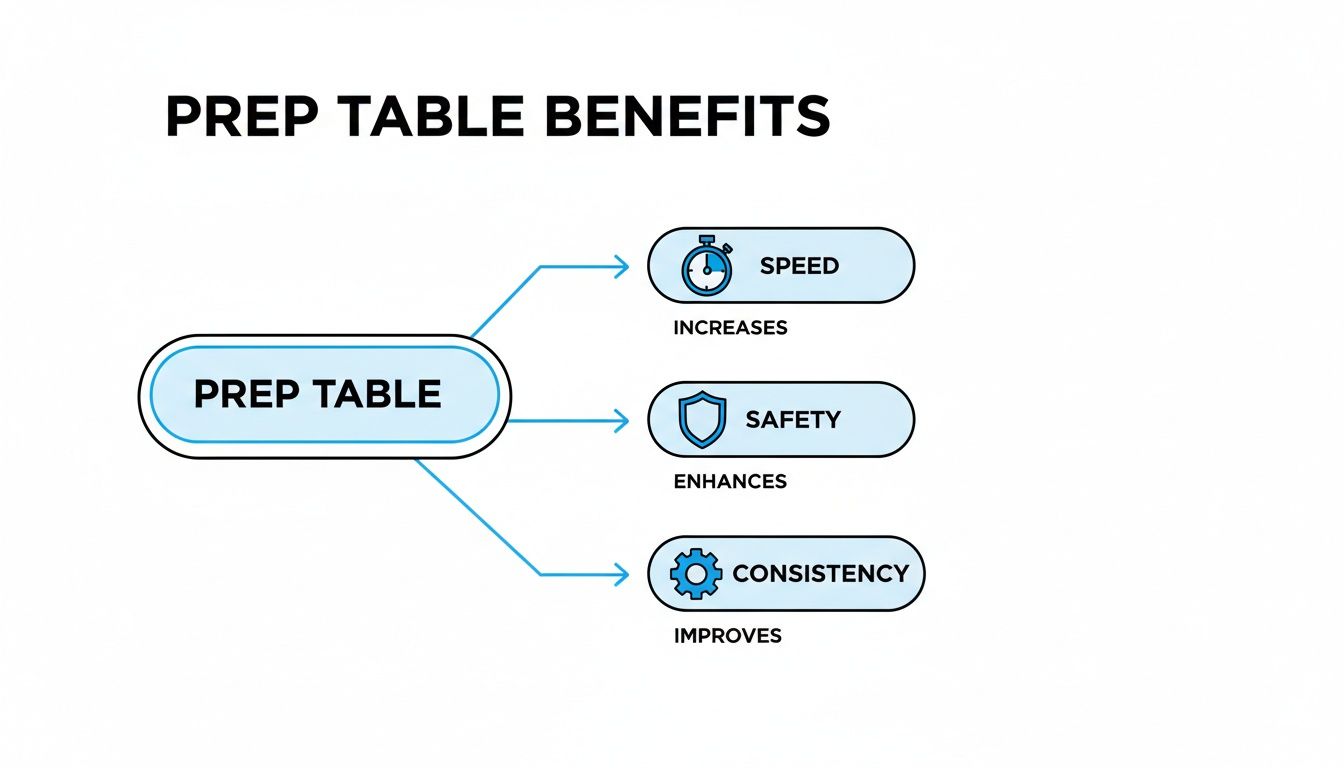 Diagram illustrating the benefits of a prep table, showing increased speed, enhanced safety, and improved consistency.