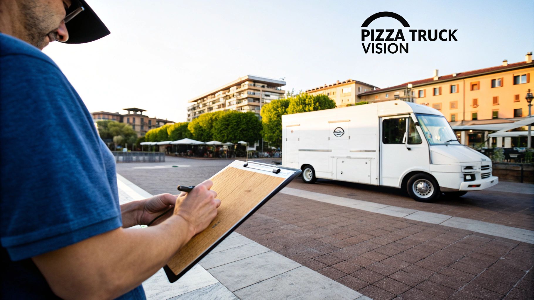 A person preparing a pizza inside a brightly lit food truck, showcasing an efficient pizza prep table.