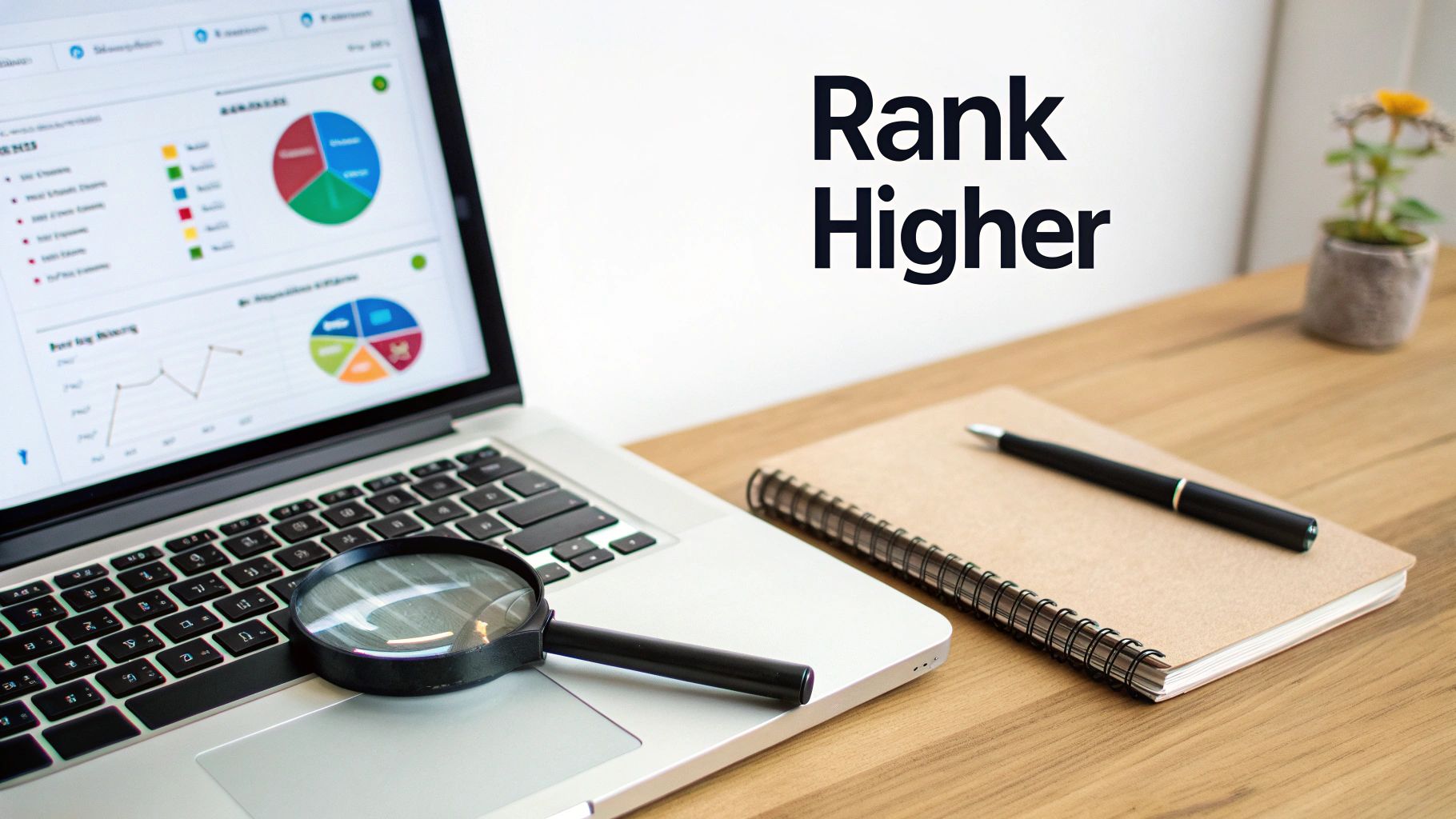 A laptop displays analytics with charts and graphs, alongside a magnifying glass, notebook, and pen, with 'Rank Higher' text.