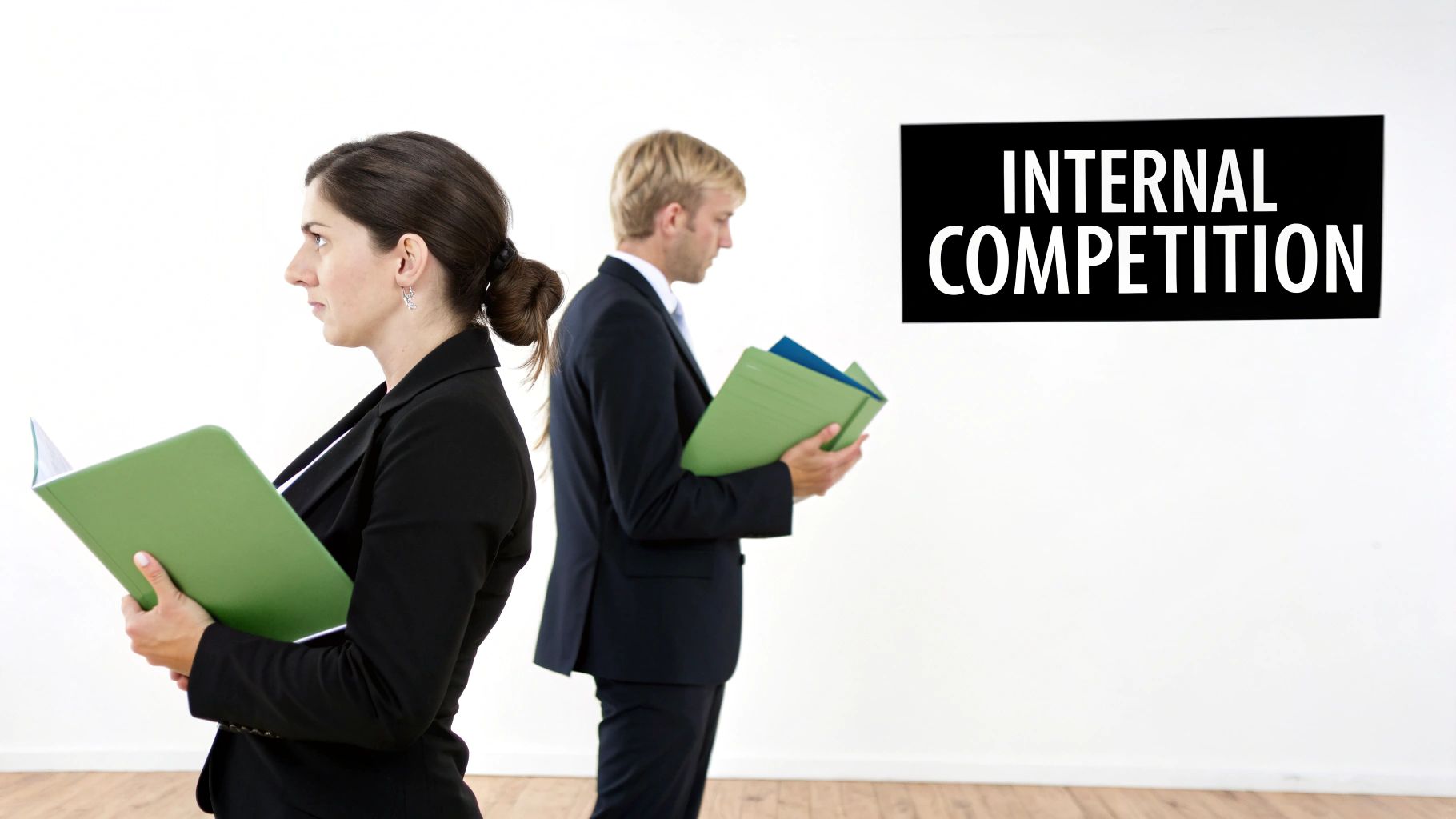 Two business professionals, a woman and a man, stand back-to-back, holding folders, with text 'Internal Competition' displayed.