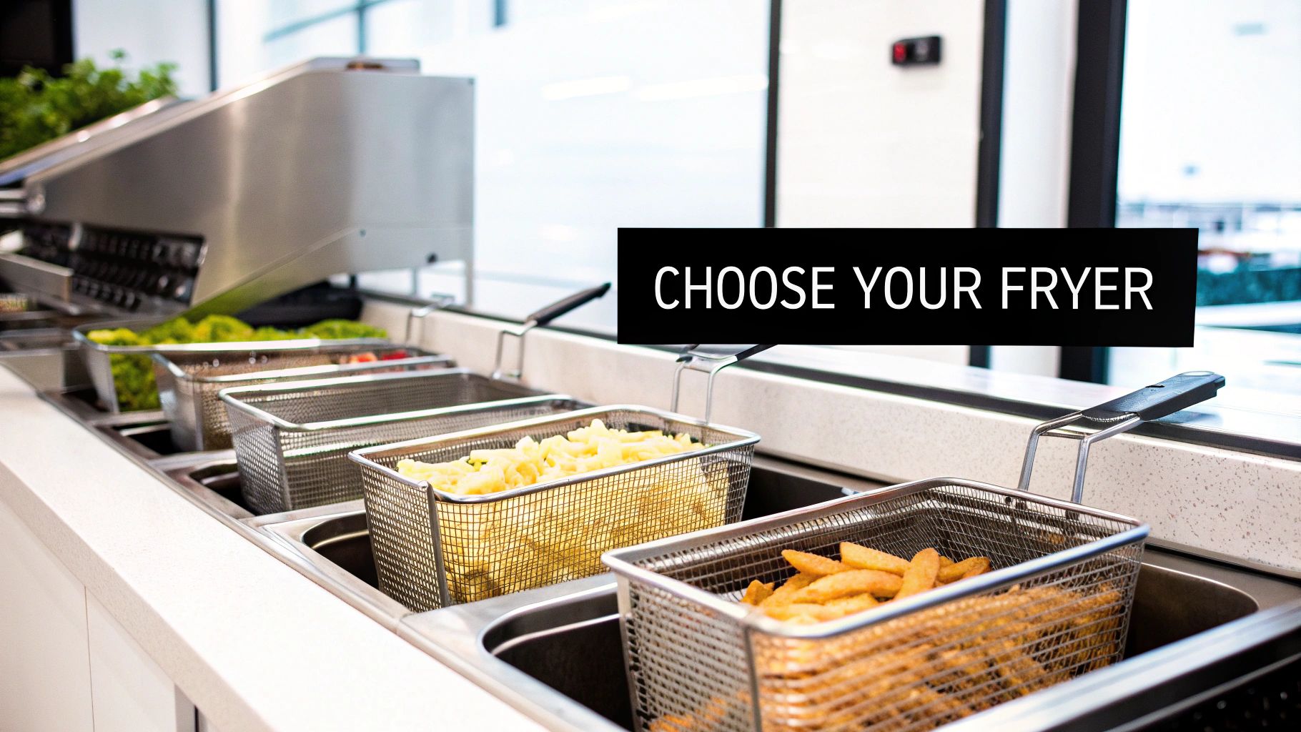 Professional commercial deep fryer station with multiple baskets cooking french fries in modern kitchen