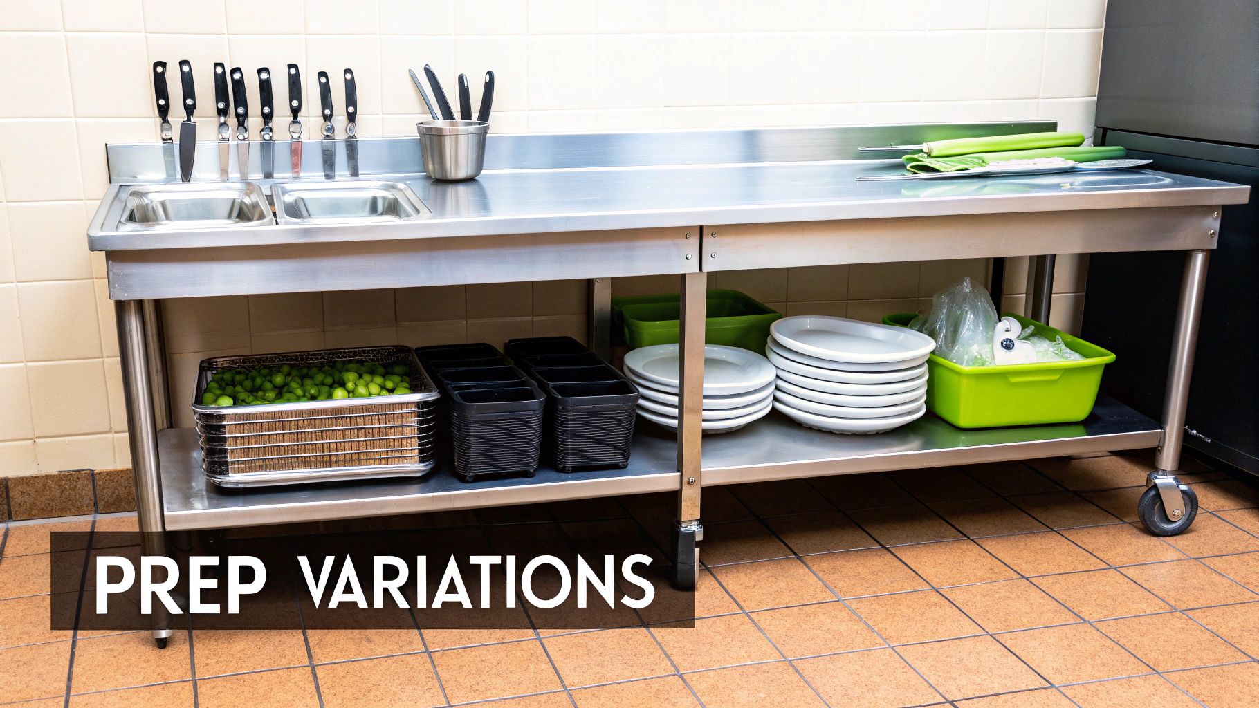 Stainless steel prep table with an undershelf in a clean kitchen setting.