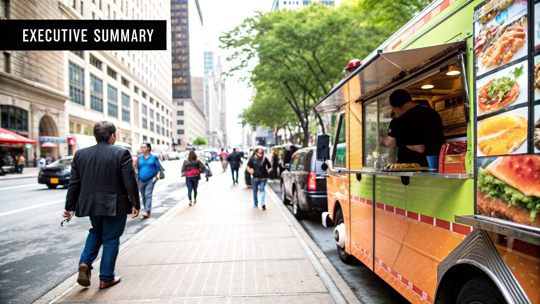 A bustling food truck serving customers on a city street.