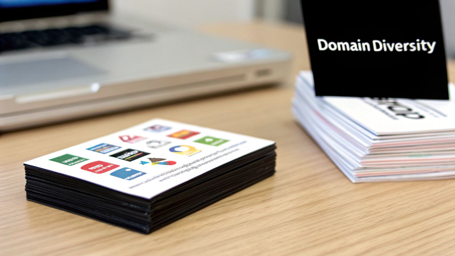 Stacks of business cards on a wooden desk, one displaying 'Domain Diversity' text.
