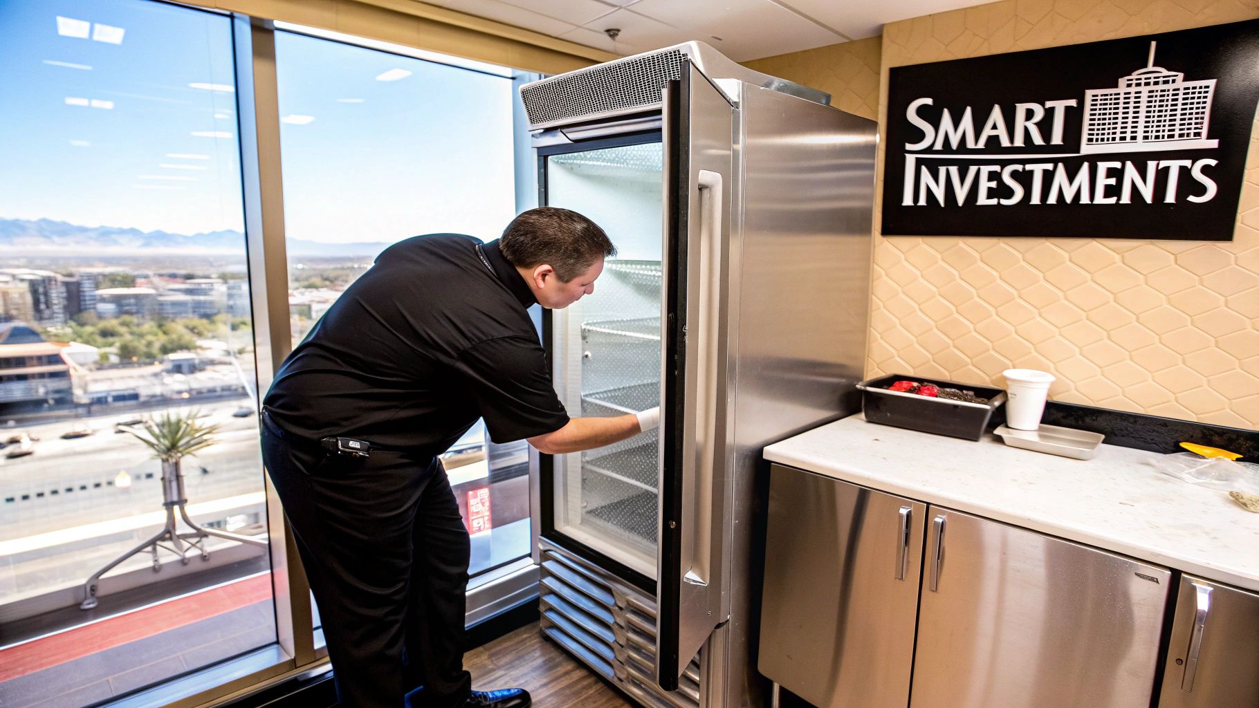 A man in a black uniform cleans a commercial refrigerator, with a city skyline visible outside.