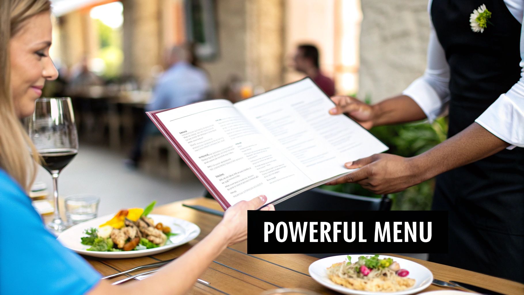 A smiling woman at a restaurant receiving a menu from a waiter, with food and wine.