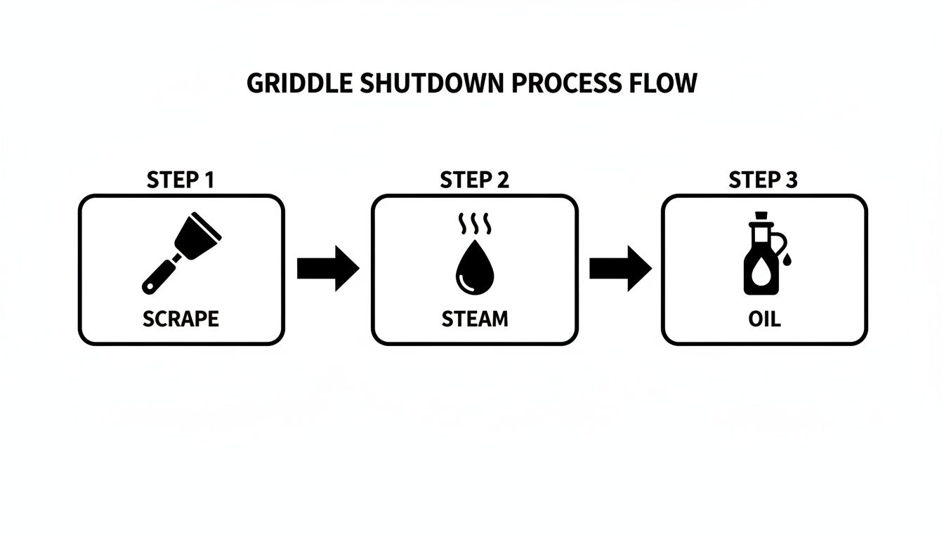 Flowchart illustrating a three-step griddle shutdown process: scrape, steam, and oil with icons.