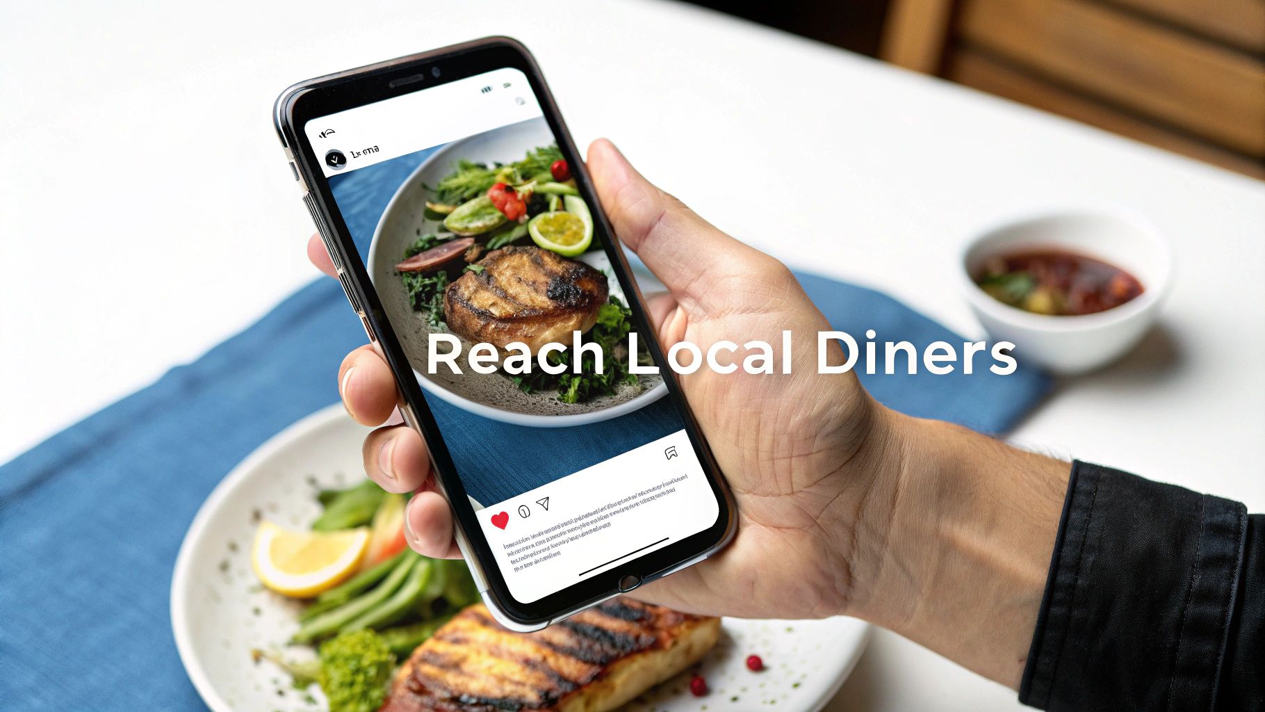 A hand holds a smartphone displaying a food post with 'Reach Local Diners' text, promoting local restaurant marketing.