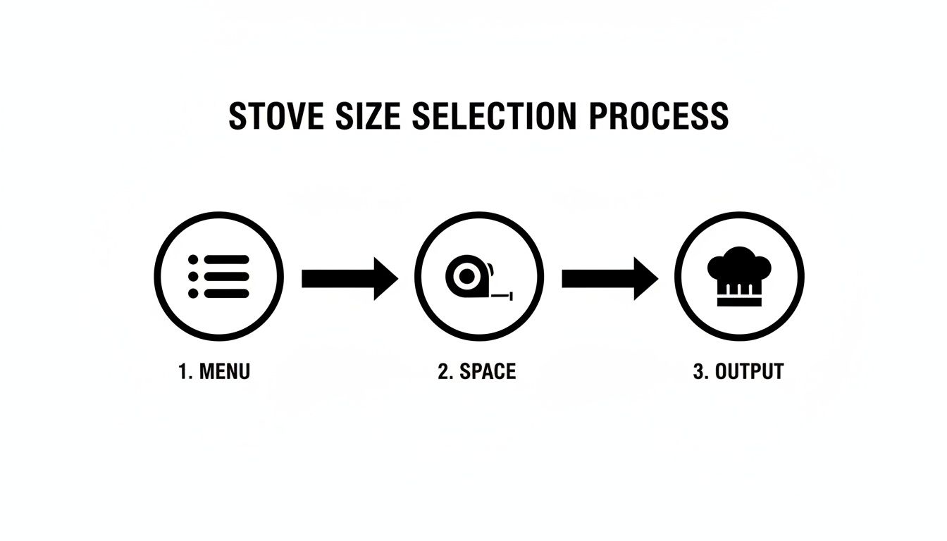 Flowchart illustrating the stove size selection process with steps for menu, space, and output.