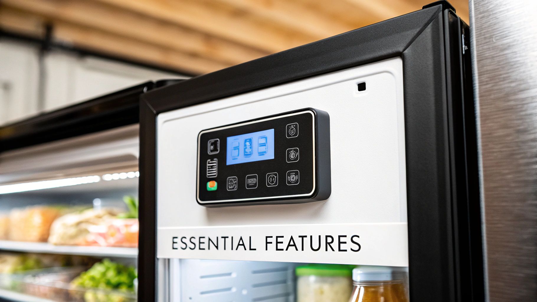 Close-up of a commercial refrigerator's control panel with a blue digital display and buttons.