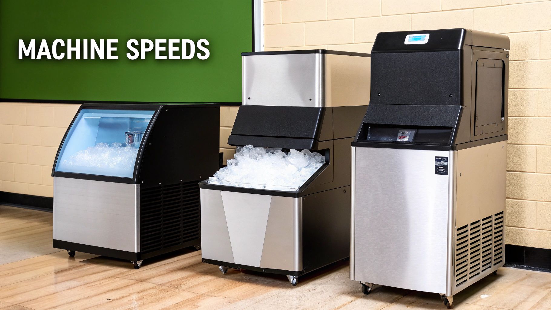 Three large commercial ice machines overflowing with fresh ice against a green and beige tiled wall.