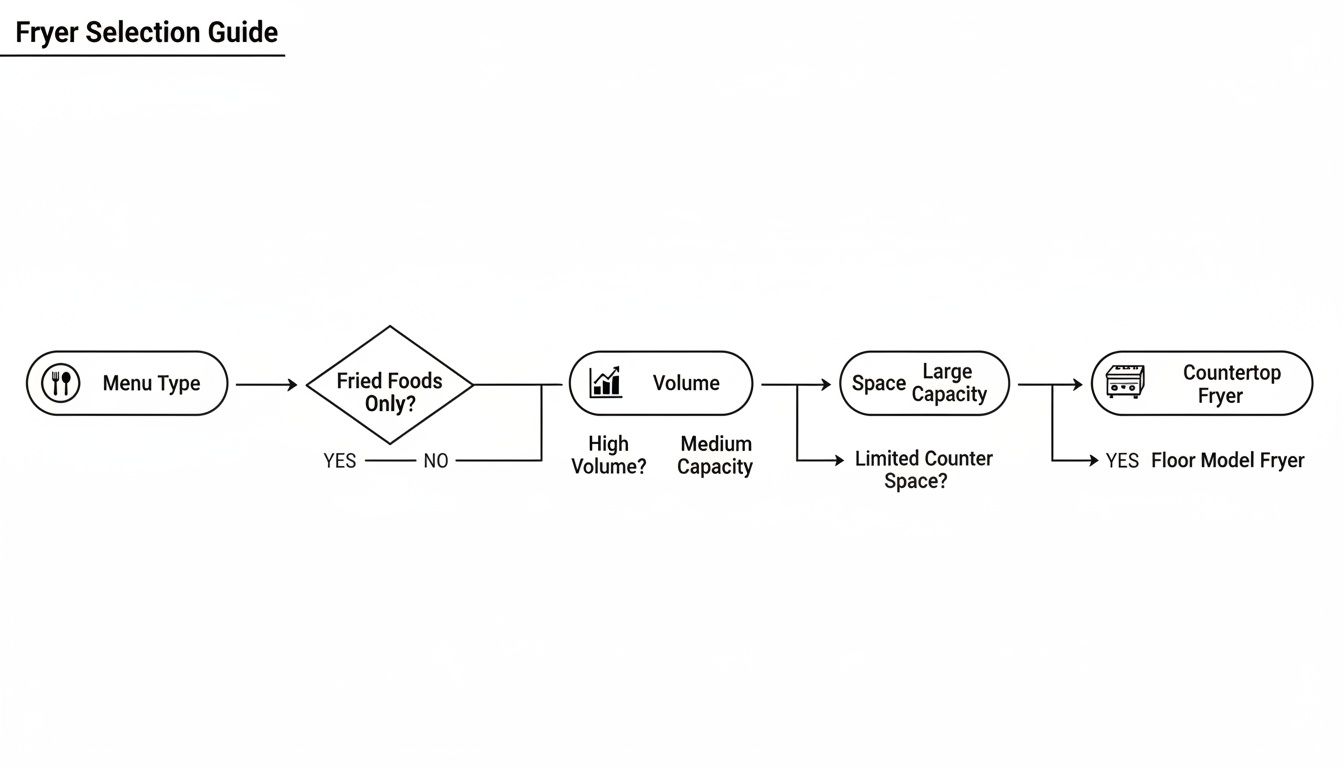Flowchart guide for selecting commercial fryers based on menu, volume, and available space, recommending countertop or floor models.