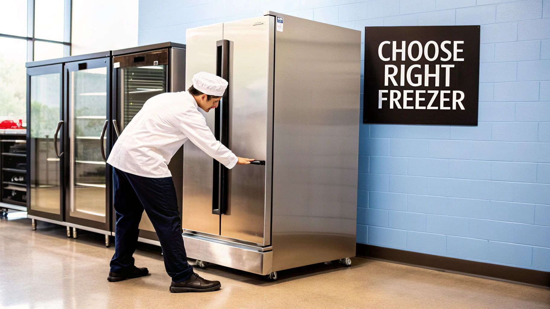 Chef in white uniform opens a large commercial stainless steel freezer in a professional kitchen.