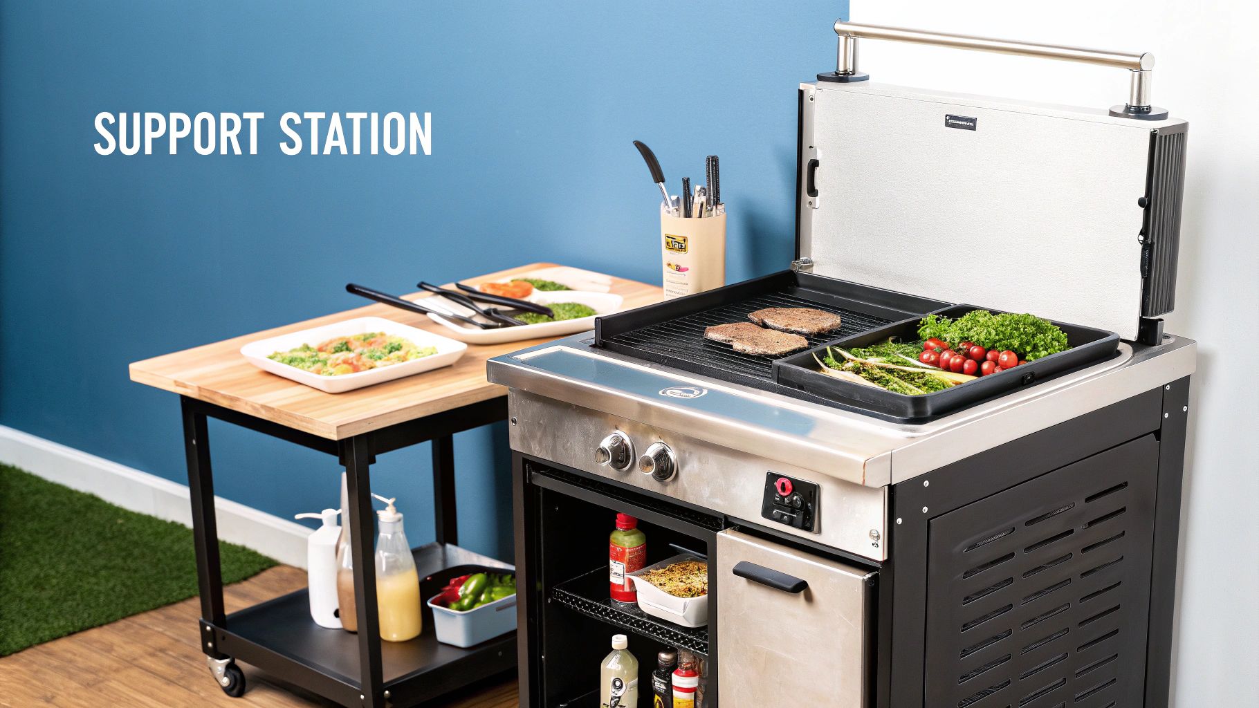 A sleek outdoor kitchen support station with a grill, cooking steaks, fresh vegetables, and a prep table.