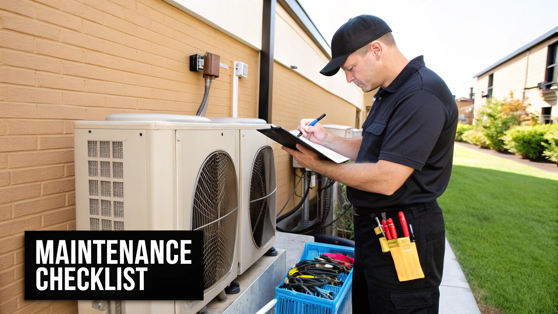 A technician performs maintenance on an outdoor AC unit, filling out a checklist for service.