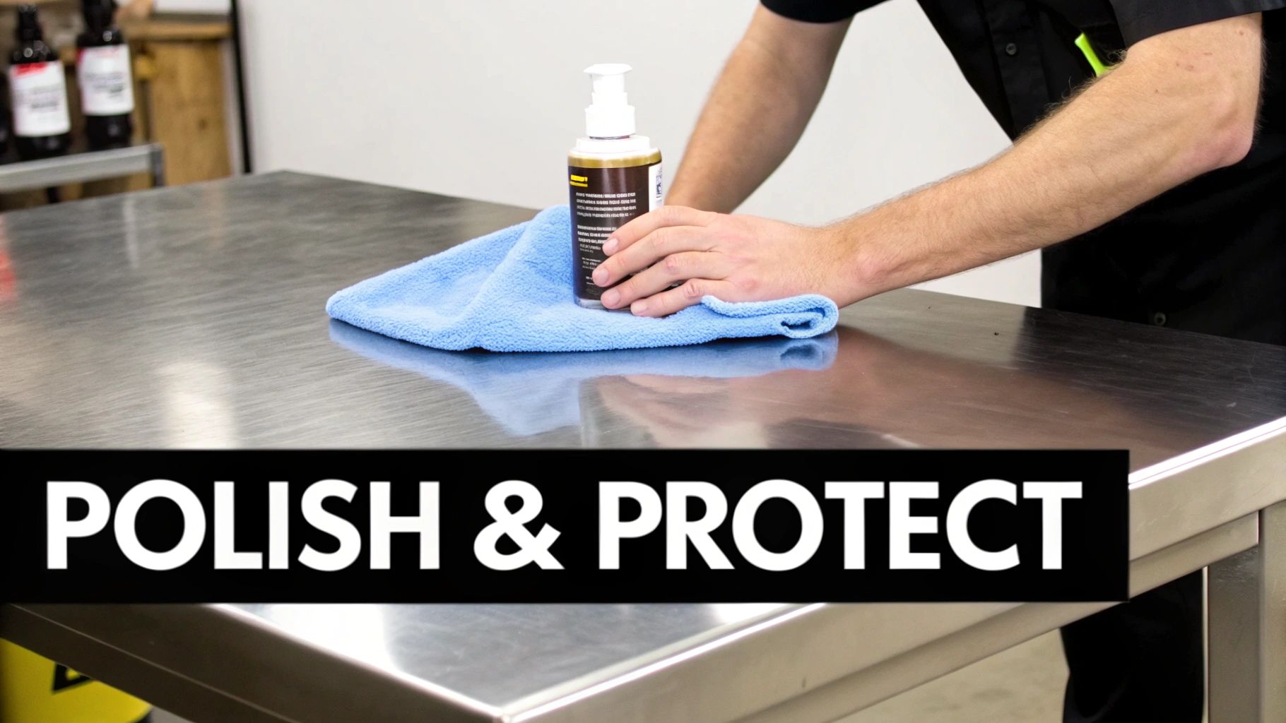 A person's hands polish a stainless steel table with a bottle of cleaner and a blue microfiber cloth.
