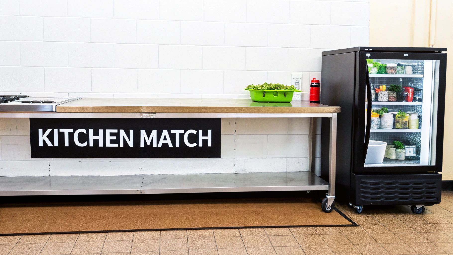 A commercial kitchen with a prep table, green produce, and a glass-door refrigerator filled with food.