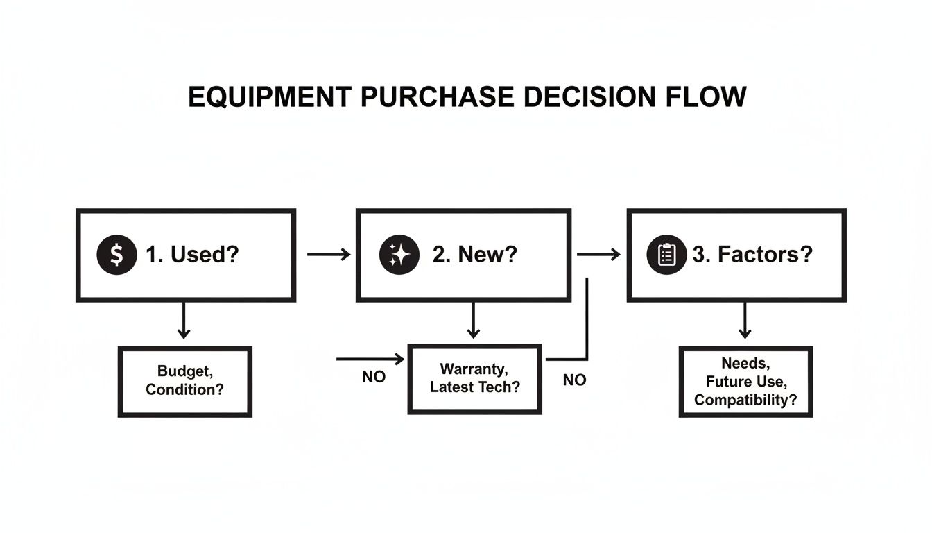 A flowchart illustrating the equipment purchase decision, comparing used and new options, and considering critical factors.