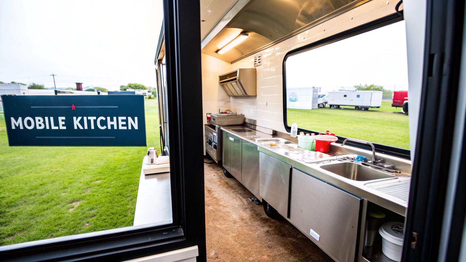 Inside a professional mobile kitchen trailer, featuring stainless steel countertops, sinks, and cooking stations, with a view of a field.