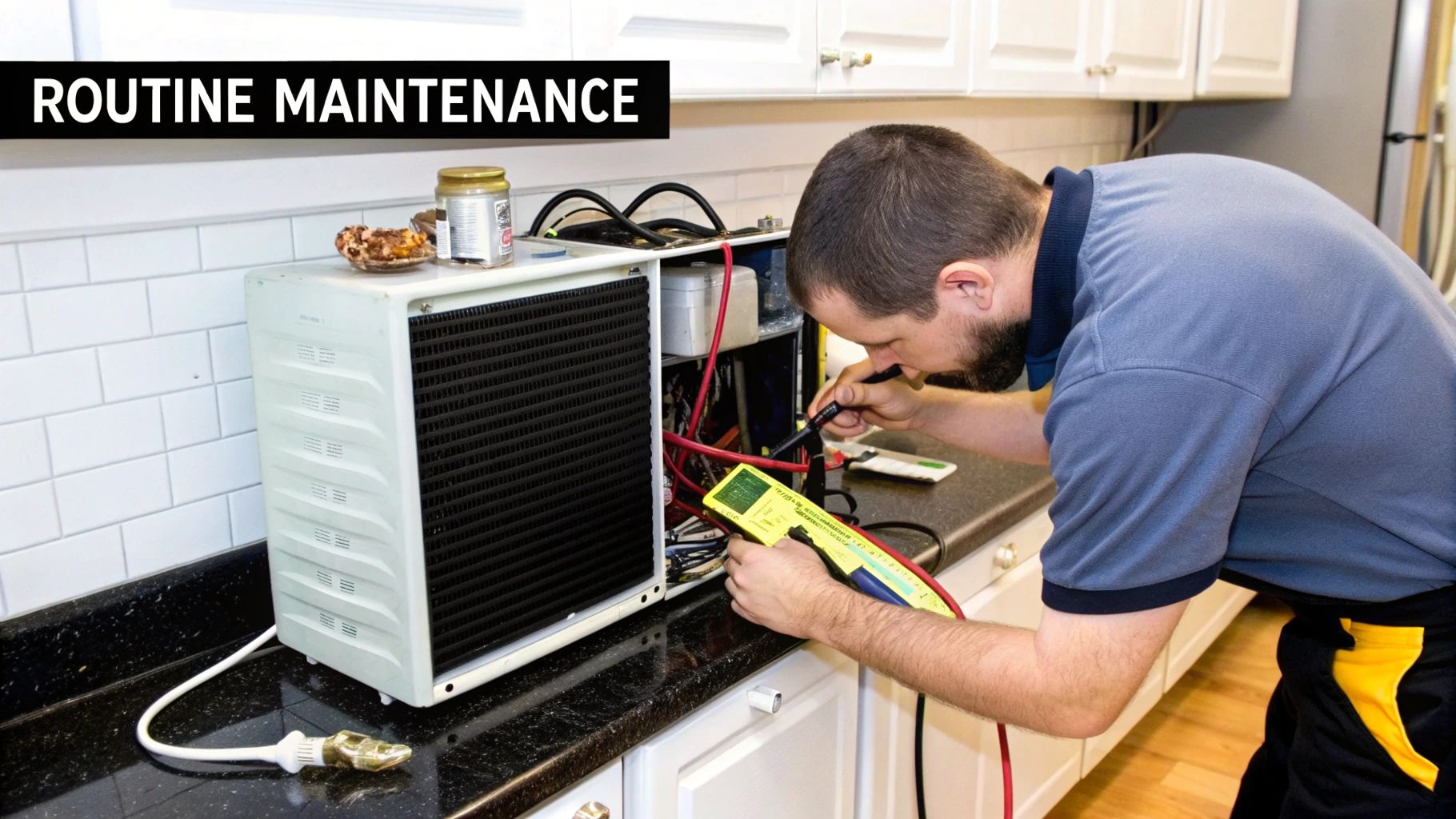 HVAC technician performing routine maintenance on white countertop air conditioning unit with multimeter