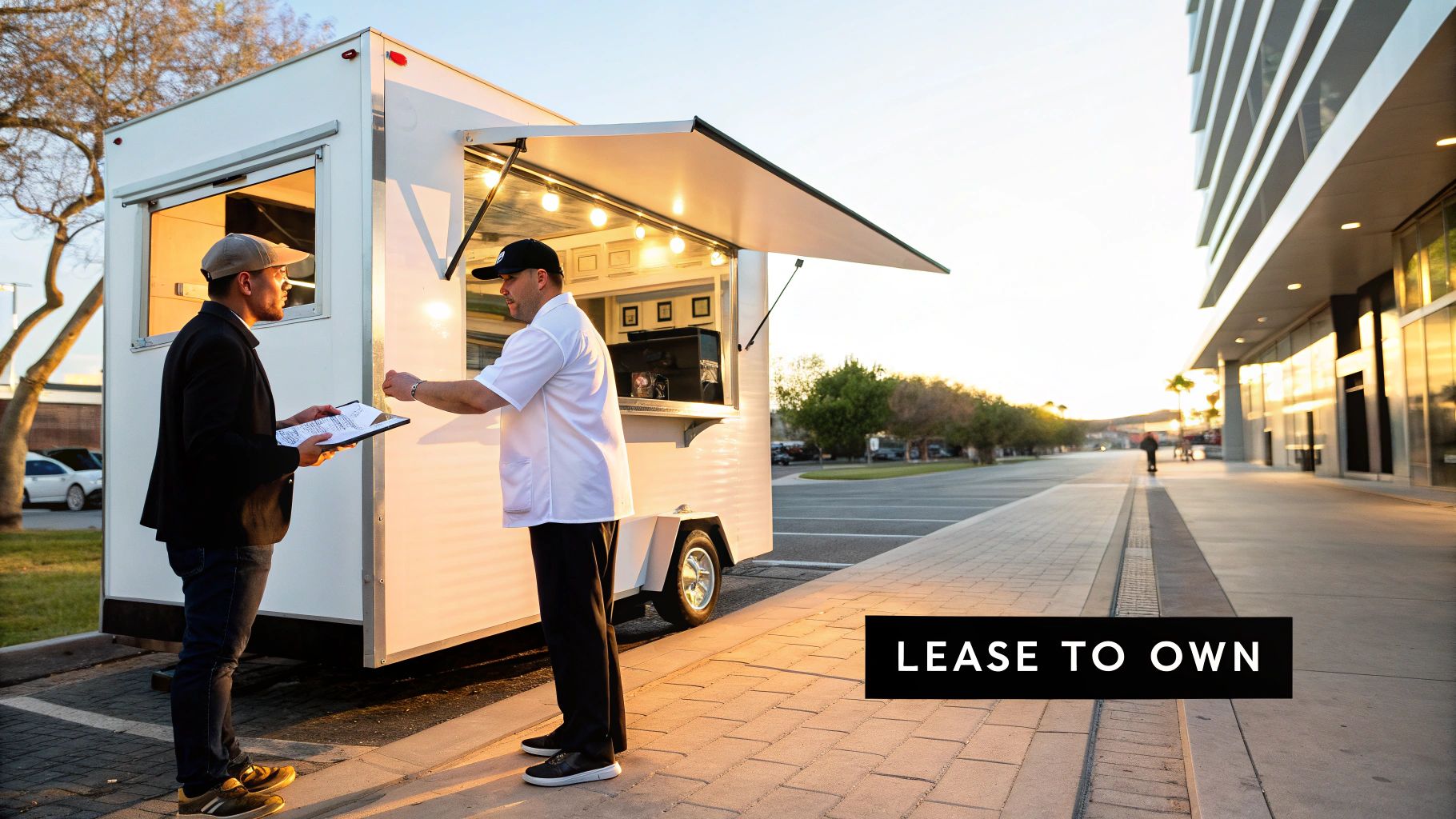 Two men discussing business near a white concession trailer with a 'Lease to Own' banner at sunset.