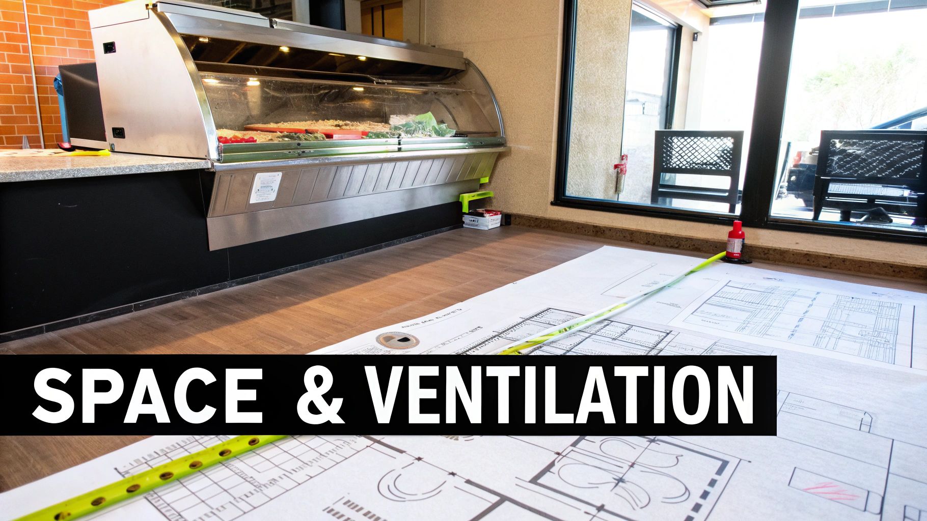 Architectural blueprints and a measuring tape on the floor of a commercial space with a deli case.