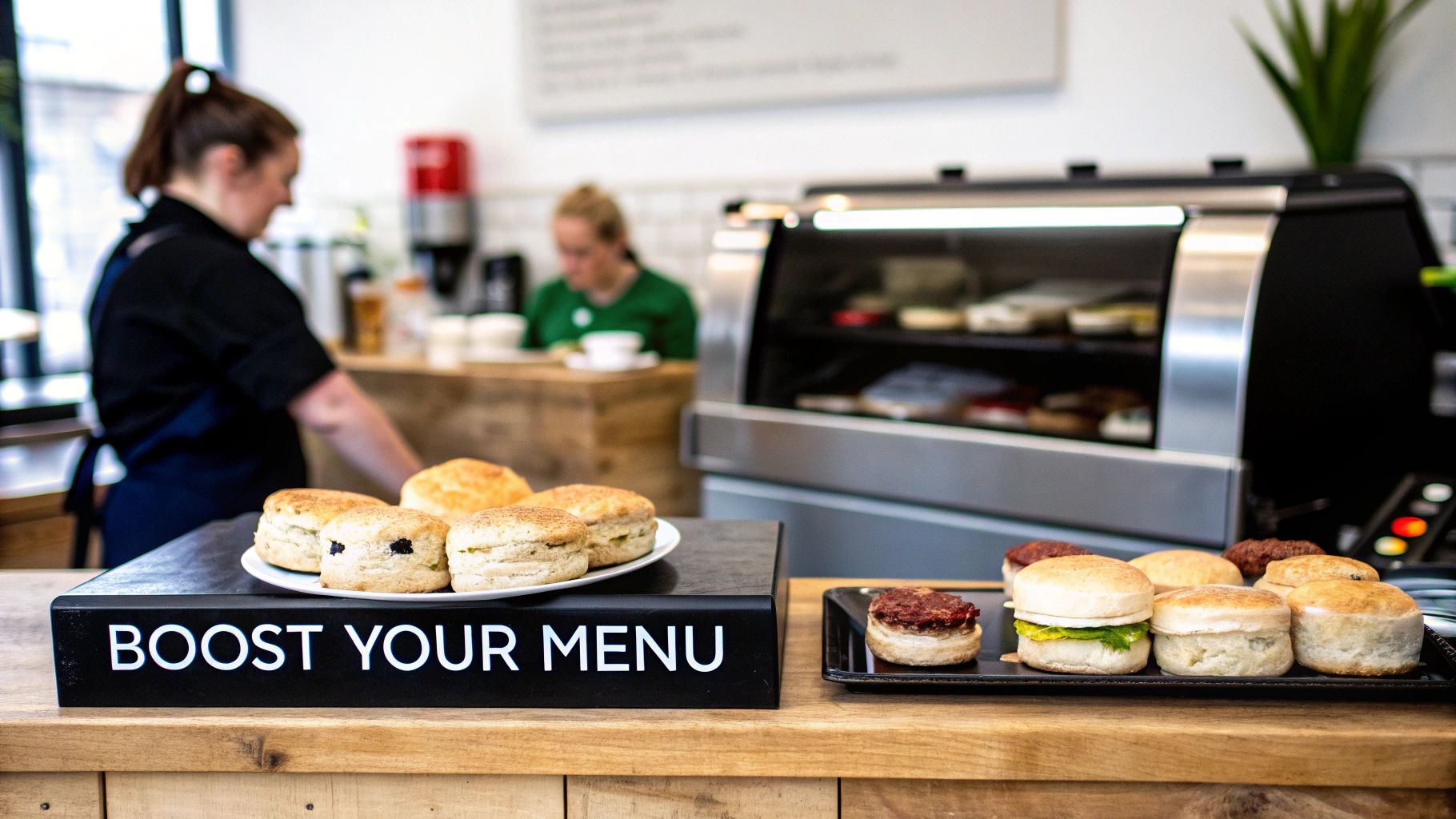 A cafe counter showcasing a variety of scones and mini sandwiches, with staff working in the background.