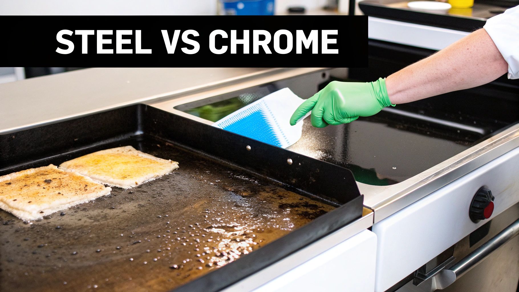 A person in green gloves cleans a shiny commercial chrome griddle next to a cooking steel griddle.