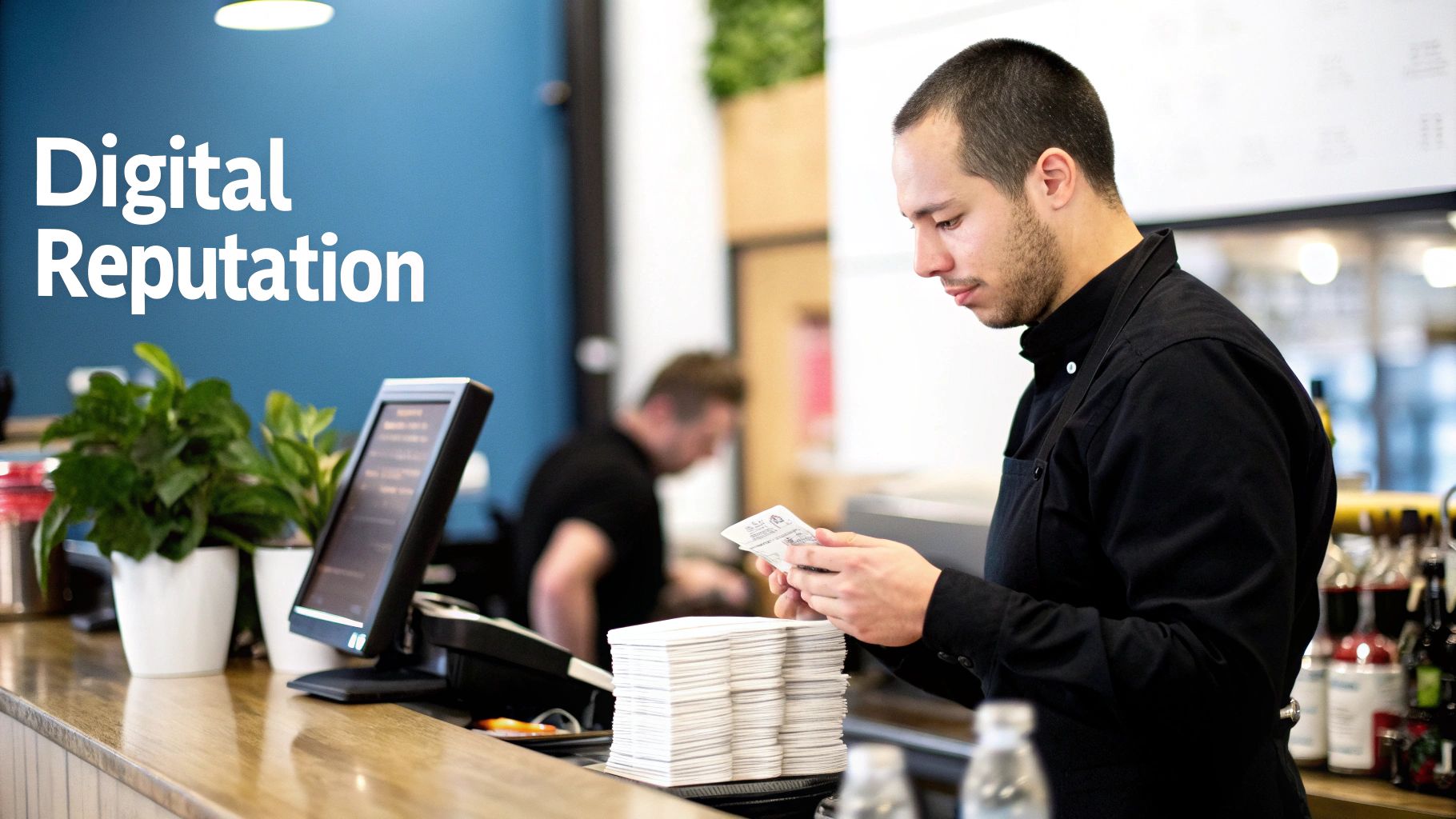 A man in a black apron working at a cafe counter, examining small cards, with "Digital Reputation" text overlay.