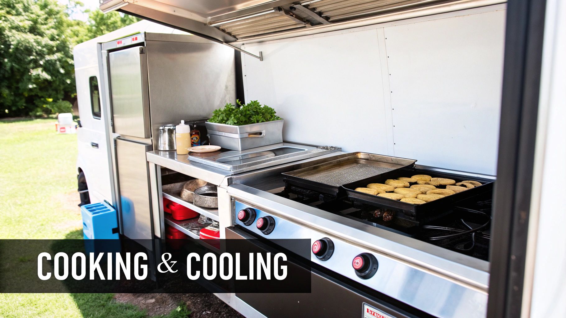 Inside a food truck kitchen with a stainless steel grill cooking food, fresh greens, and a refrigerator.