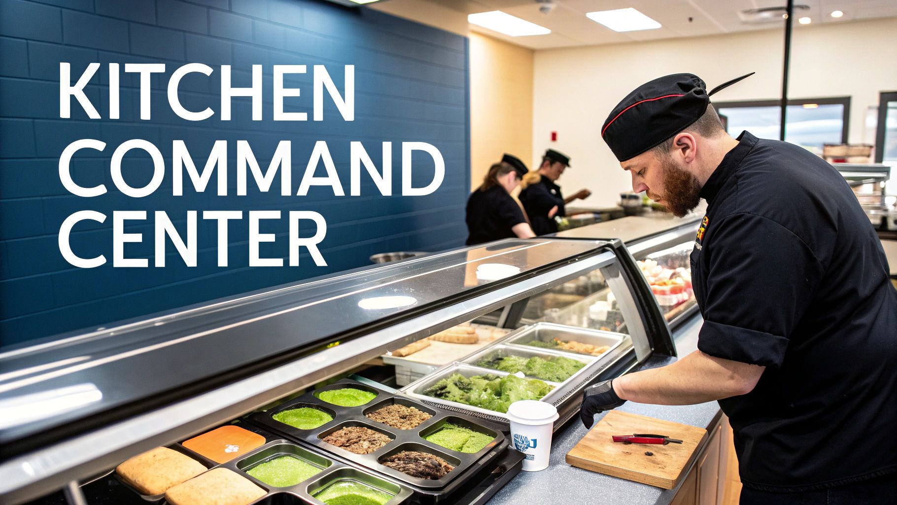 A chef prepares food at a refrigerated counter in a modern kitchen or cafeteria setting.