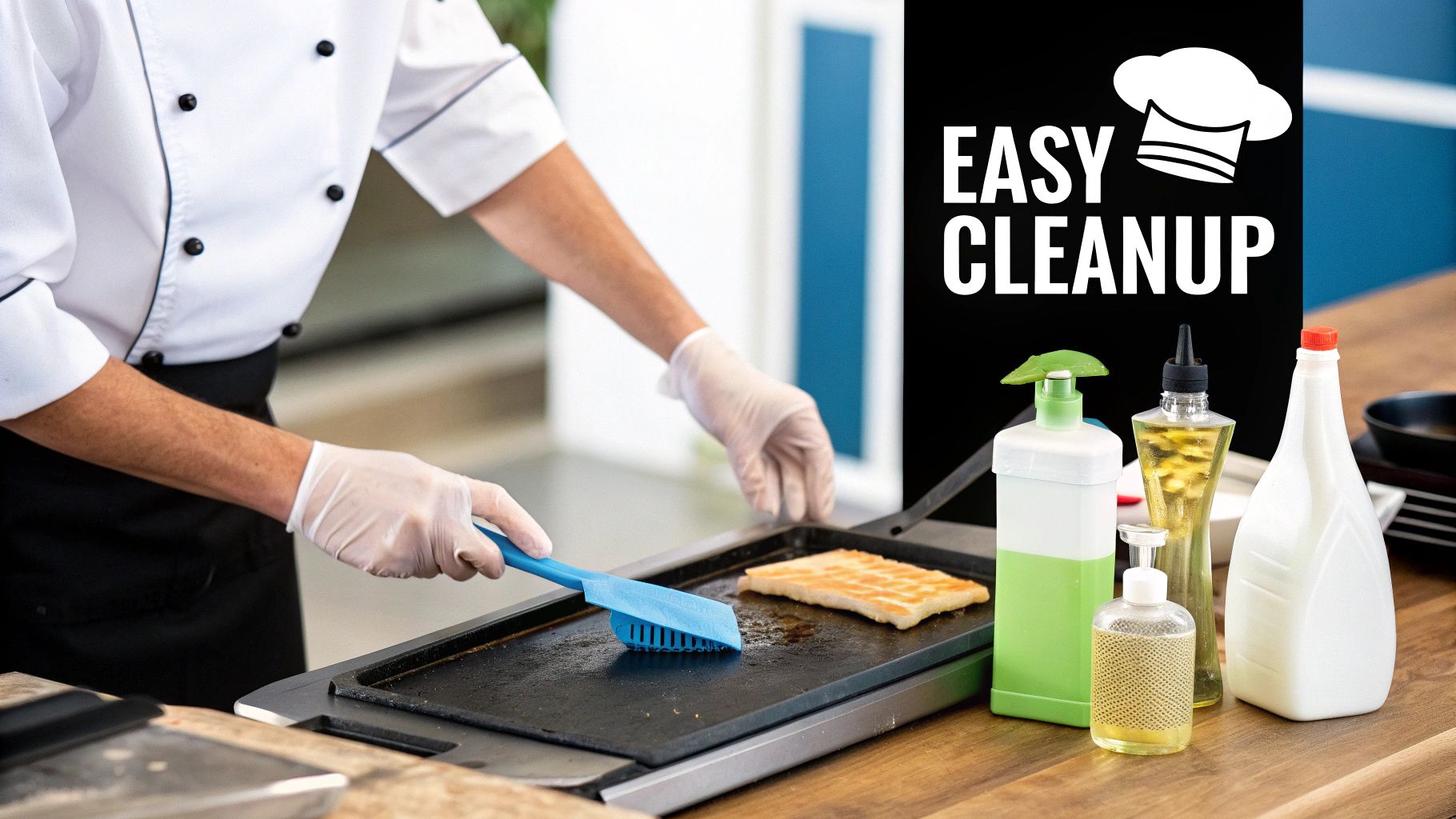 A certified technician carefully installing a 48-inch thermostatic gas griddle in a commercial kitchen setting.