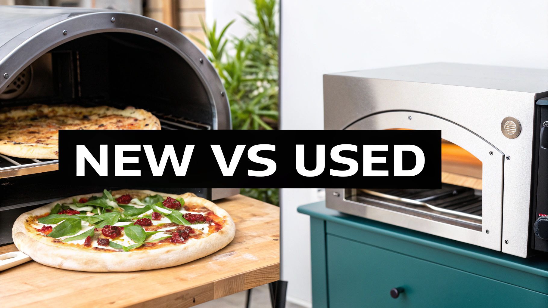 Two different pizza ovens, one new and one used, both shown with delicious pizzas.
