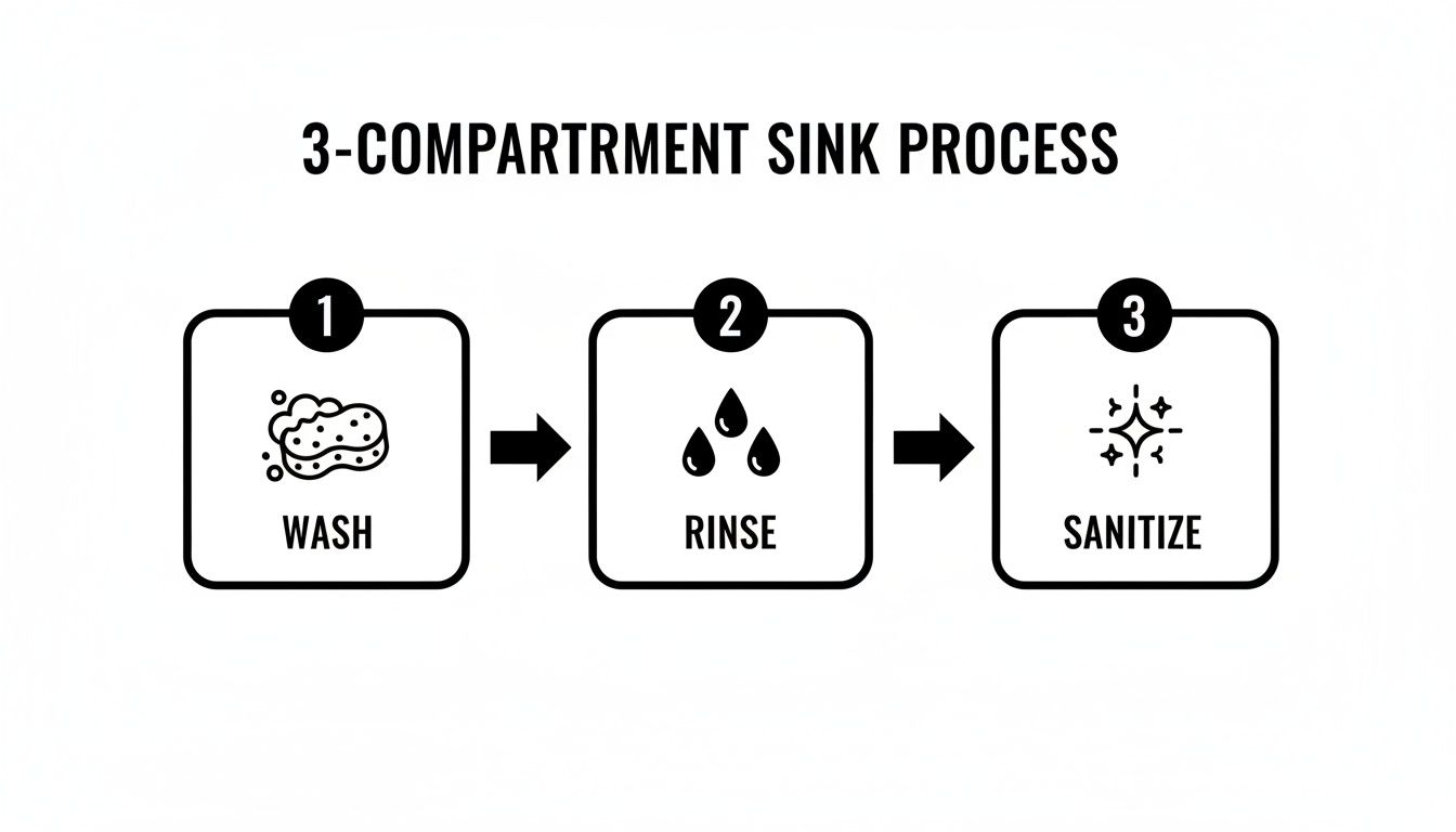 Process diagram showing the three-compartment sink method: wash, rinse, and sanitize steps.