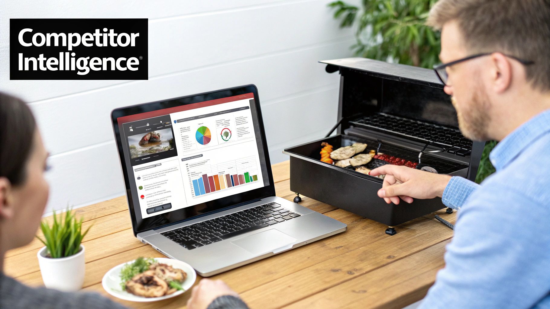 A man and a woman analyze competitor intelligence data on a laptop while grilling outdoors.