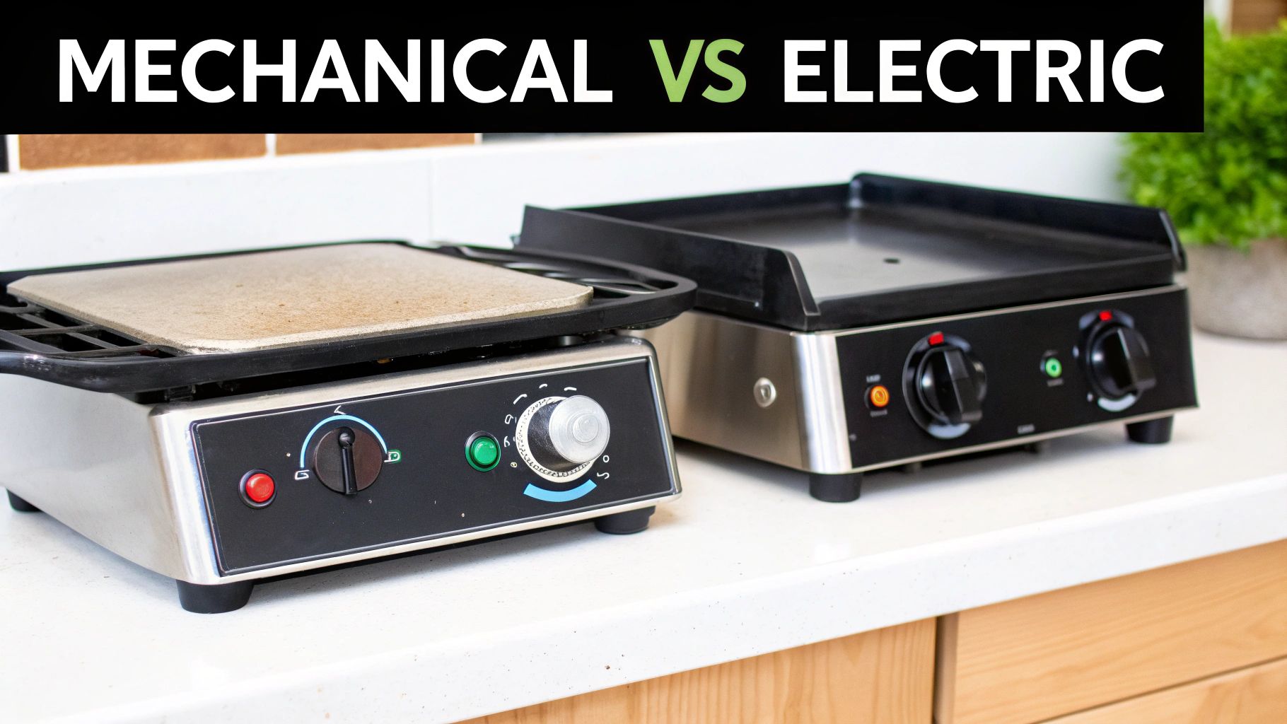 Side-by-side view of two electric griddles with thermostatic controls on a kitchen countertop.