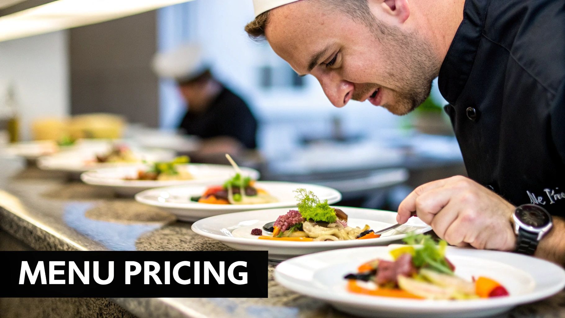 A chef plating dishes in a spacious, well-lit commercial kitchen