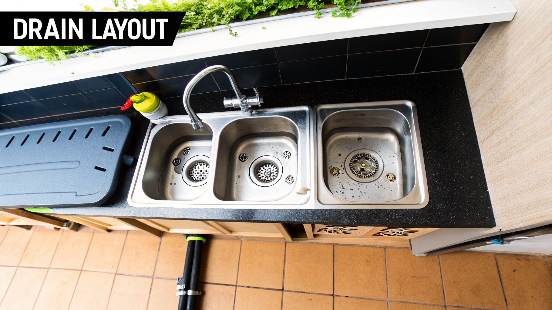 A well-organized commercial kitchen with a three-compartment sink near a pizza prep area.