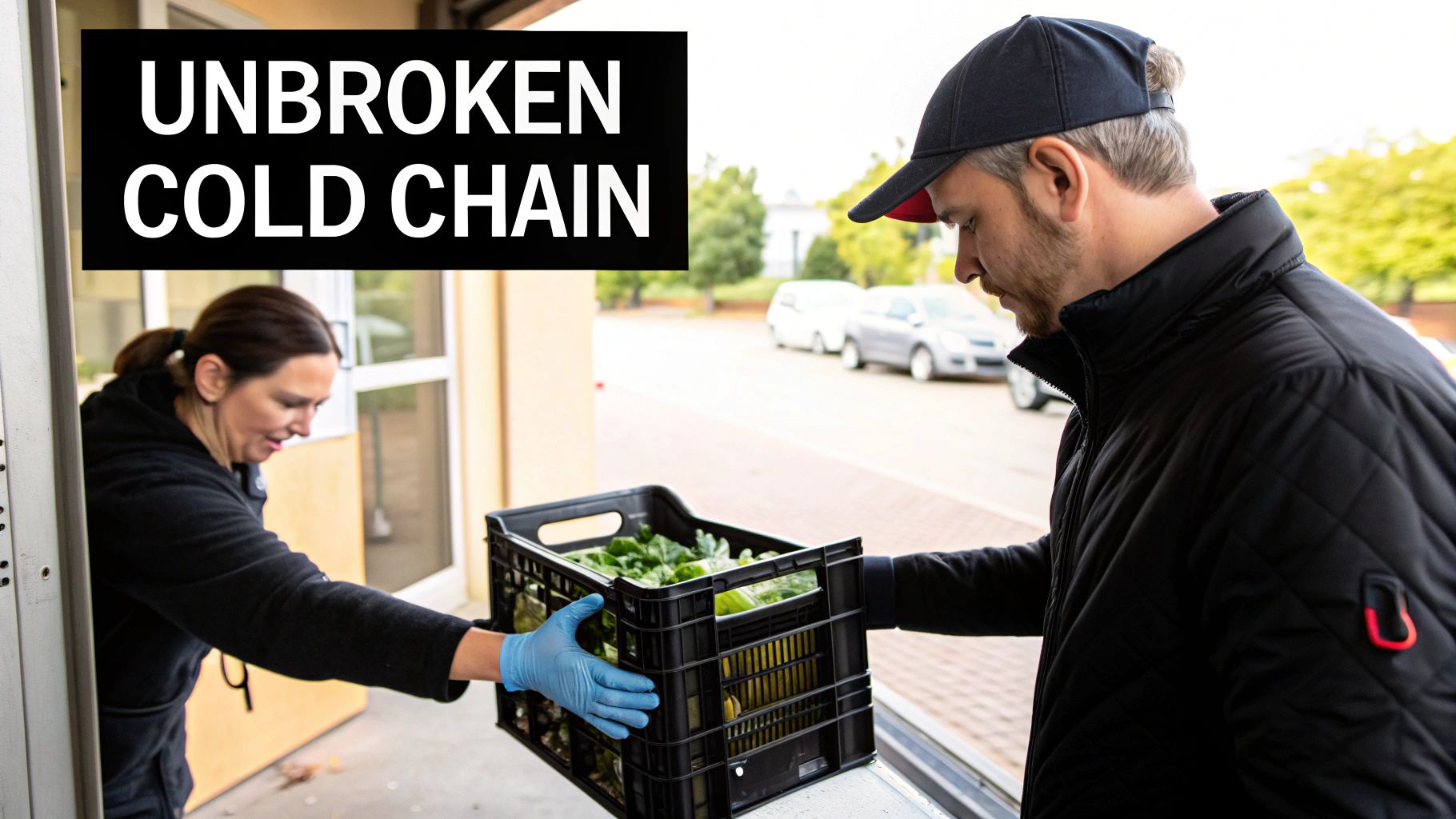 Two people, one wearing gloves, transfer a crate of fresh produce, ensuring an unbroken cold chain delivery.