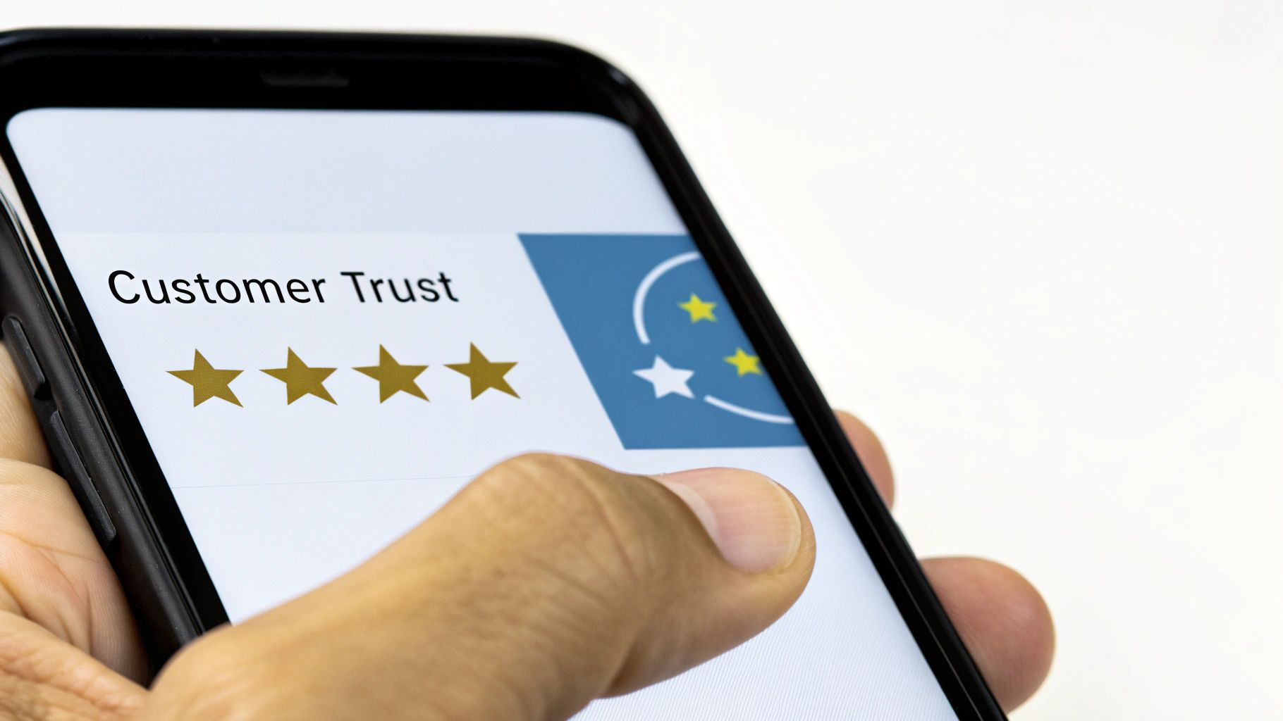 A restaurant owner smiling while reading customer reviews on a tablet in their establishment.