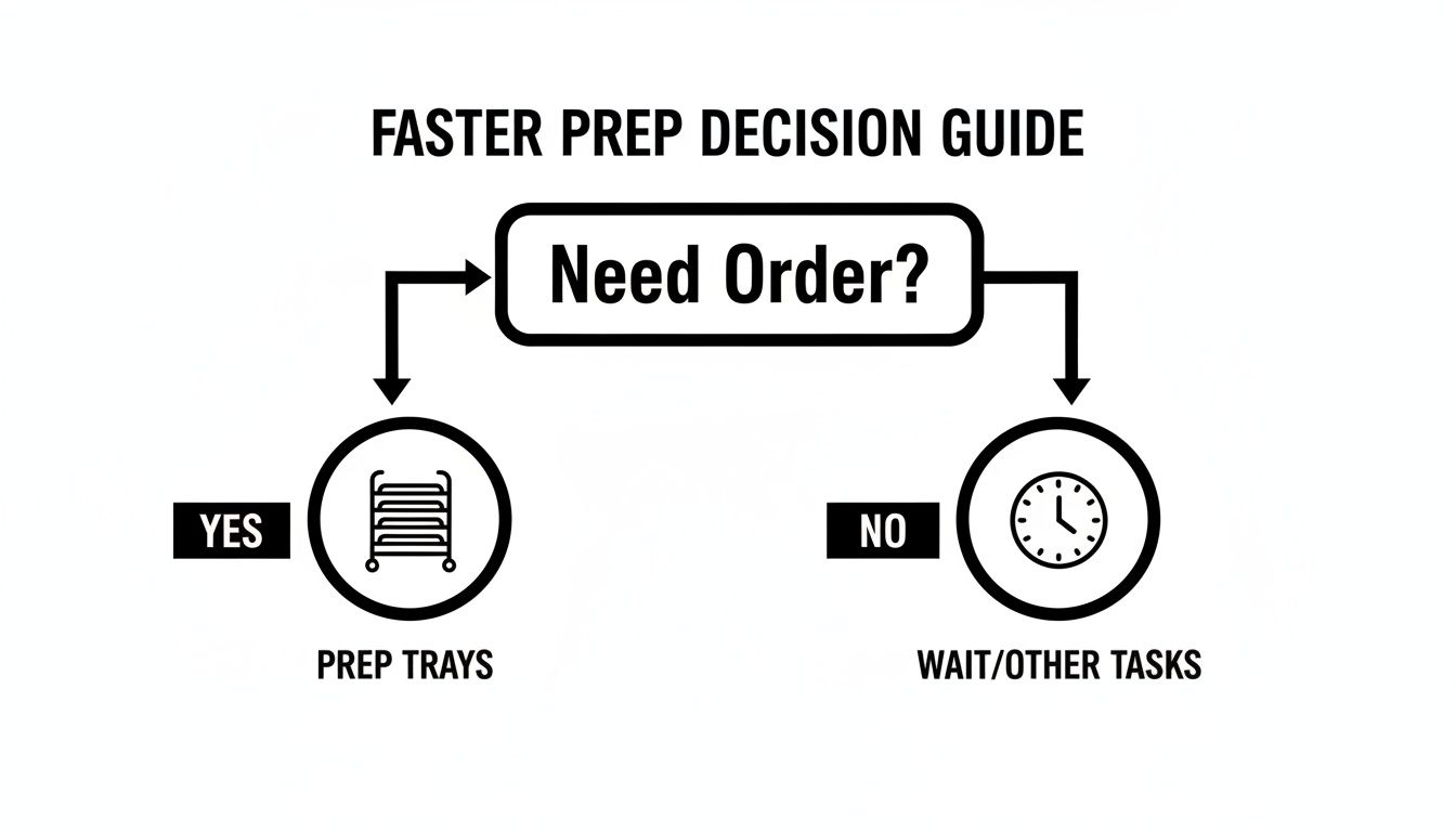 Flowchart showing a faster prep decision guide with 'Need Order?', leading to 'Prep Trays' or 'Wait/Other Tasks'.