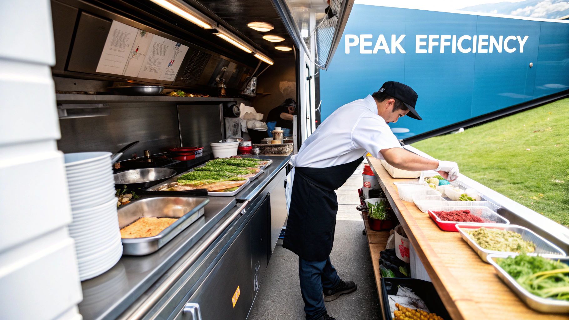 A food truck kitchen operating efficiently with good workflow