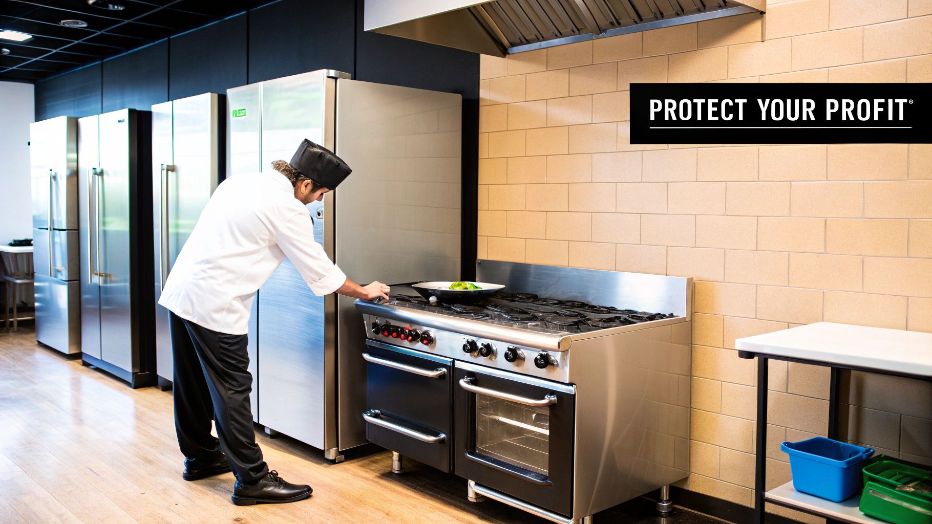 A chef prepares food on a commercial stove next to large refrigerators in a clean kitchen.