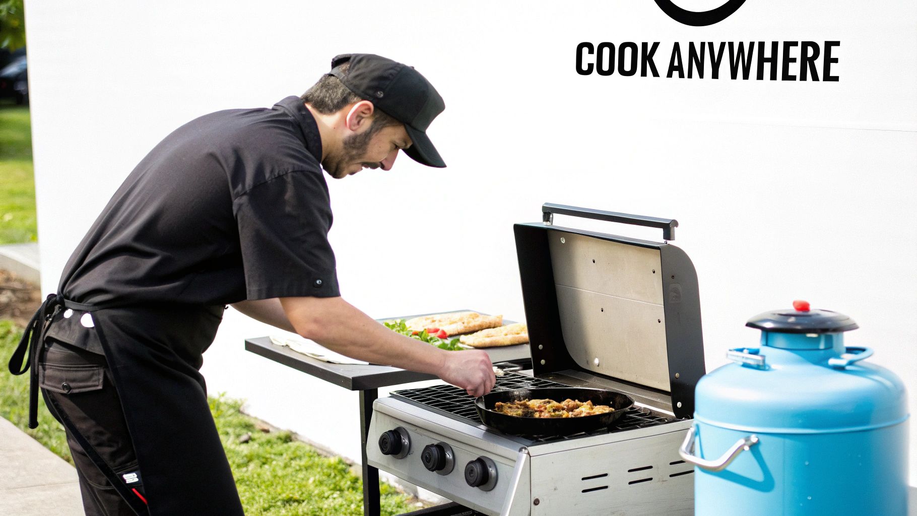 A man in a chef's uniform cooks food on an outdoor gas grill next to a blue propane tank.
