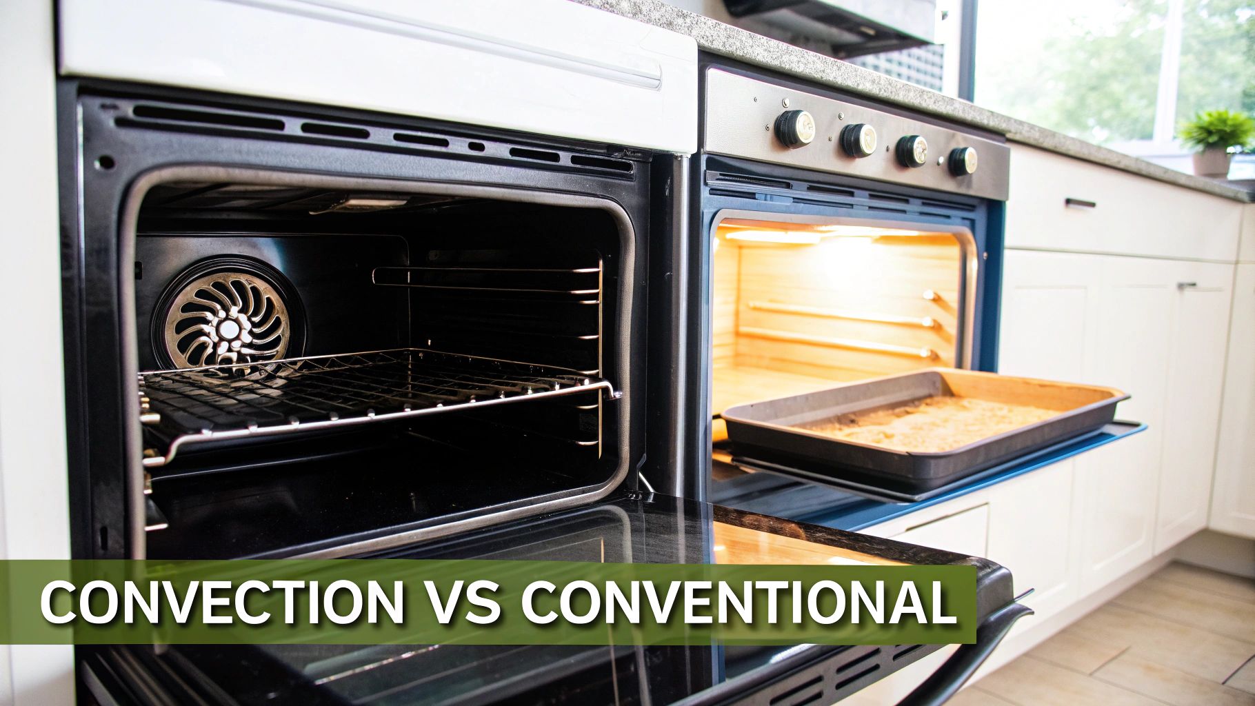 Two kitchen ovens side-by-side, one a convection oven with a visible fan, the other a conventional oven baking food.