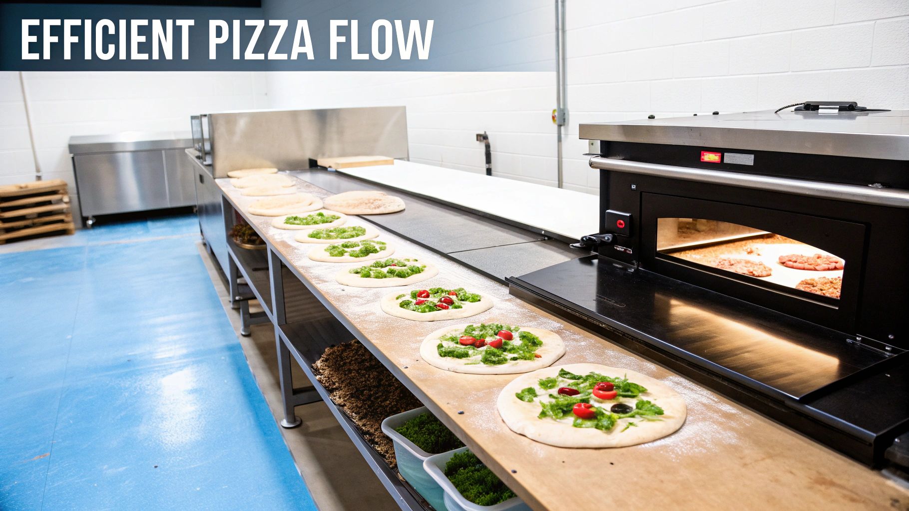 Commercial pizza prep station with assembly line showing dough being topped and conveyor oven